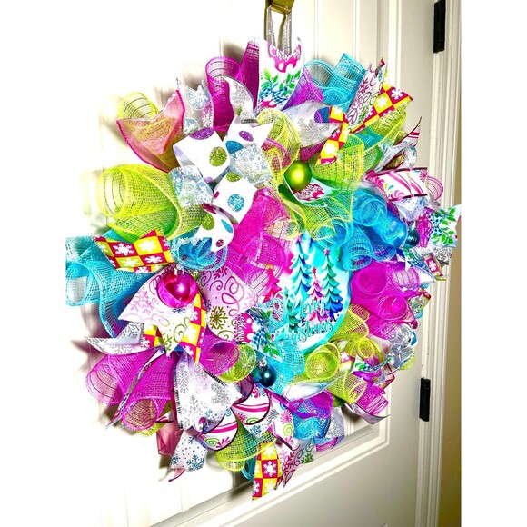 Handmade Bright Merry Christmas Holiday Ribbon Door Wreath 22 ins W54 Pink Blue - Picture 3 of 9